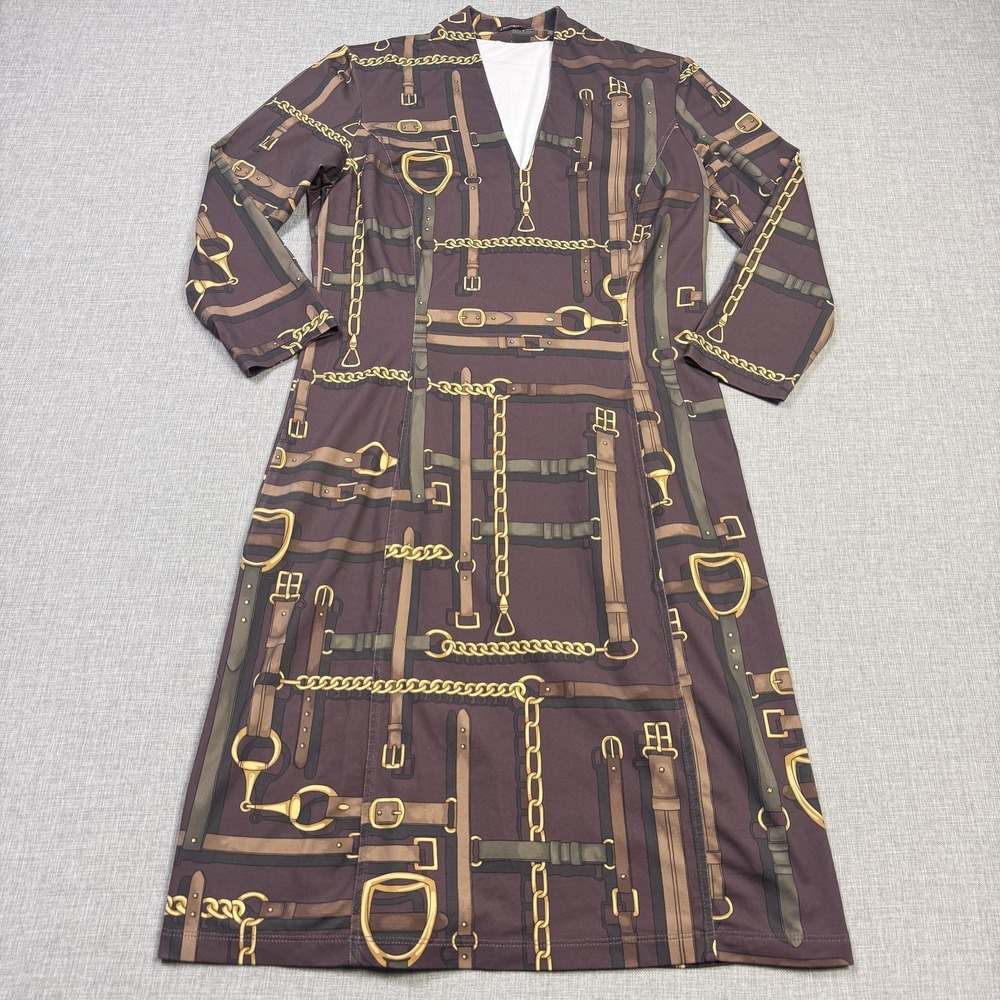 J. McLaughlin Ivana Knee Length Dress Equestrian Bridle Chain Womens Small Brown